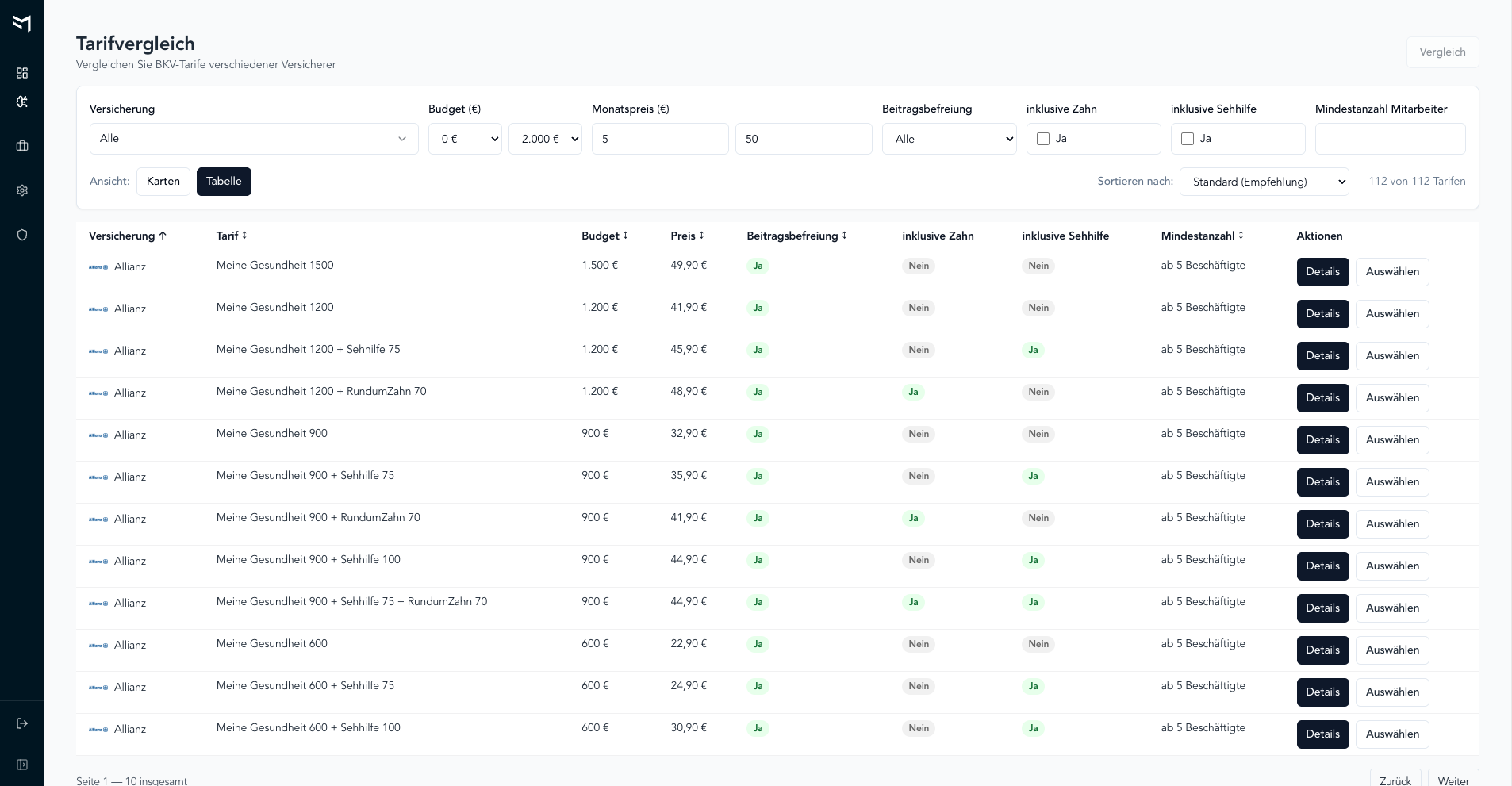 Screenshot der FAKTOR MENSCH Admin-App: Tarifvergleich